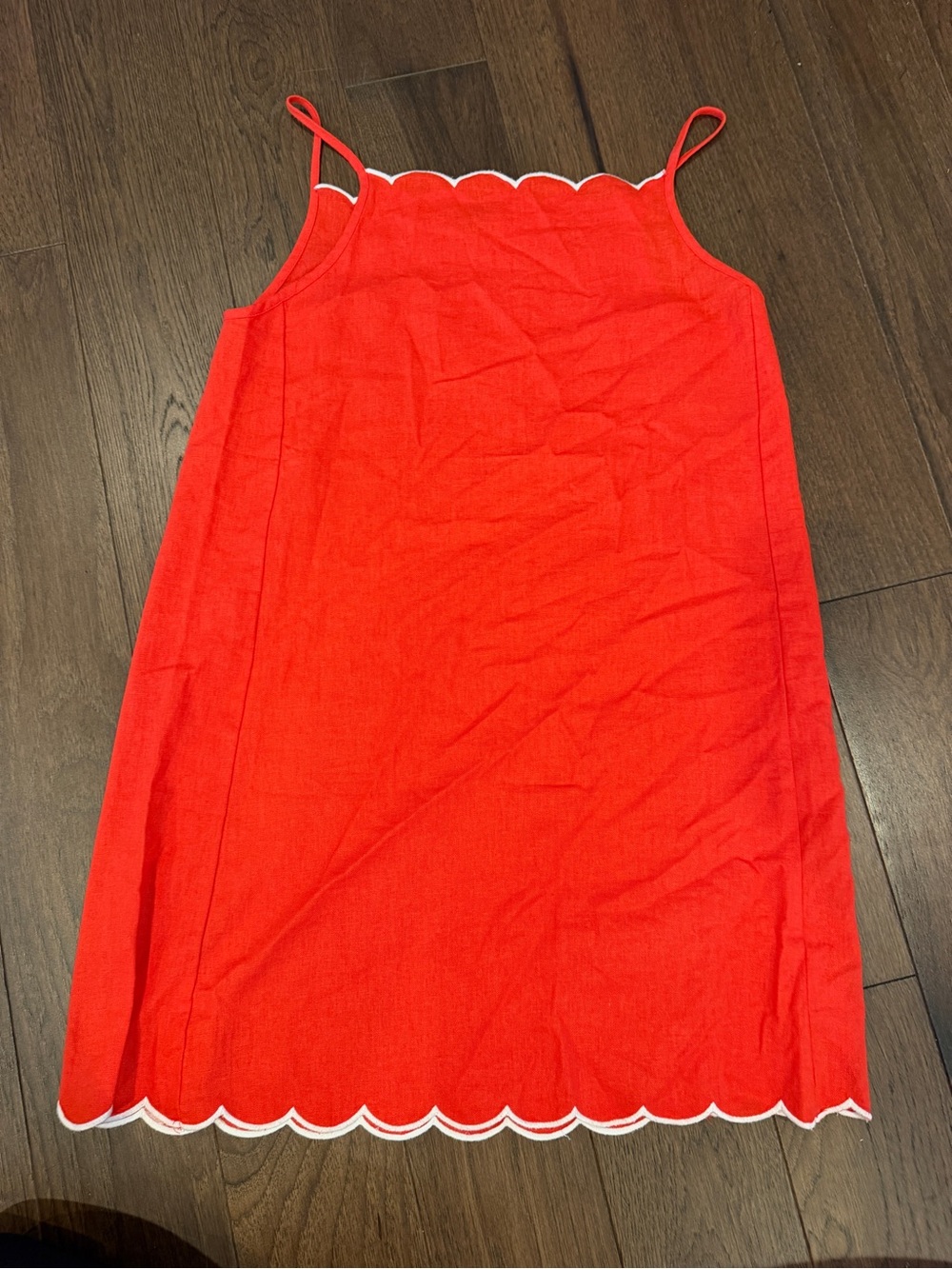 Girls Red Scallop-Trim Spaghetti Strap Dress in Orange XS - P0